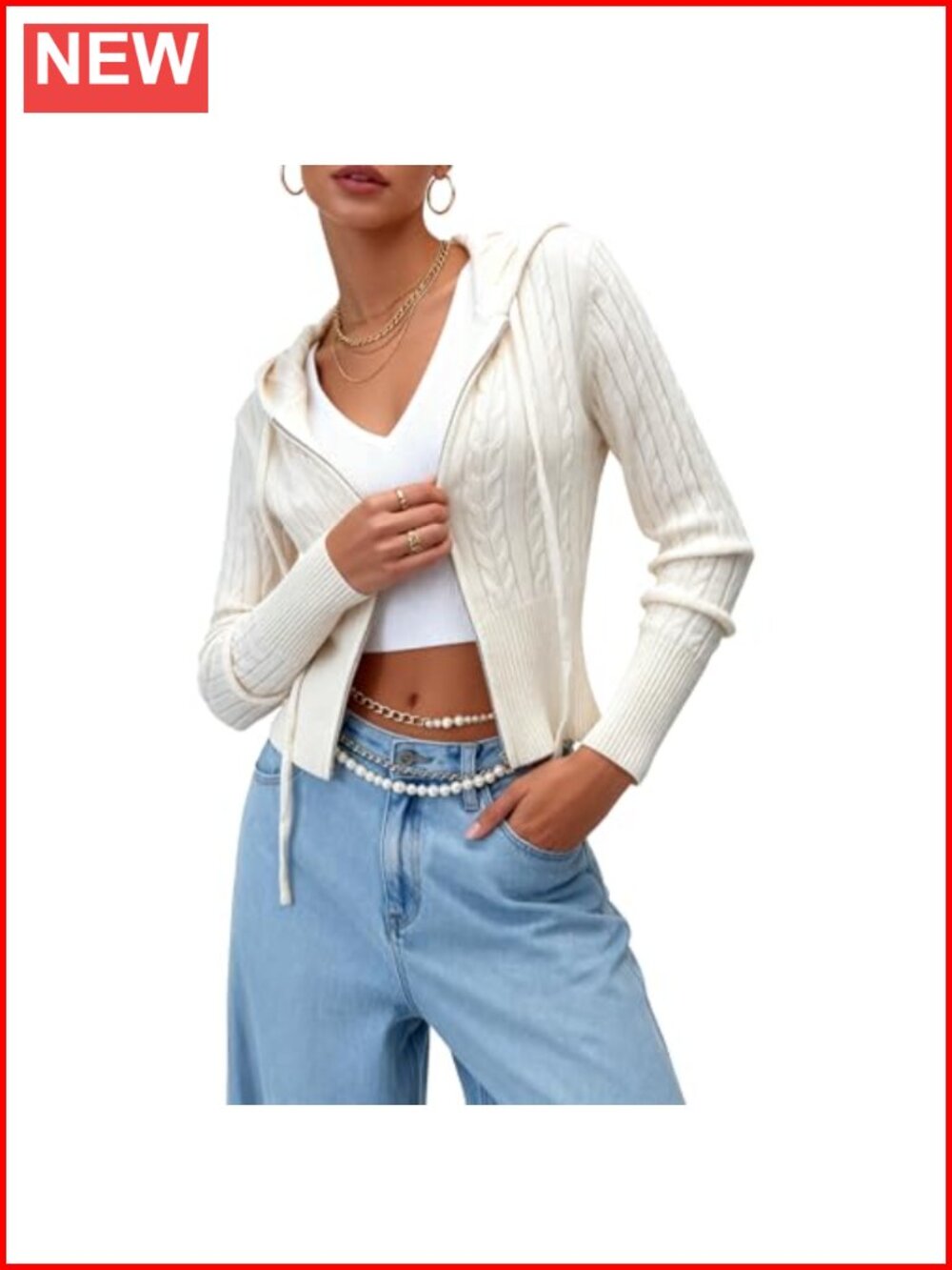 Cable Knit Zip Up Hoodie Sweater Cropped Cardigan